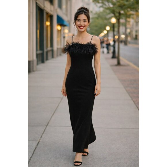 Alex Evenings Dresses & Skirts - Alex Evenings Spaghetti Strap Feather Trim Evening Gown Womens 6P Black
